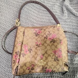 Coach Brown and Pink Shoulder Bag with Floral Design